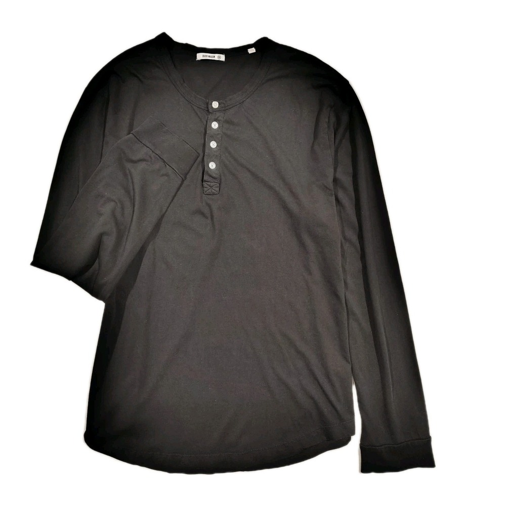 Buck Mason Henley Shirt Mens Size 2XL Long Sleeve Button Curved Hem Black